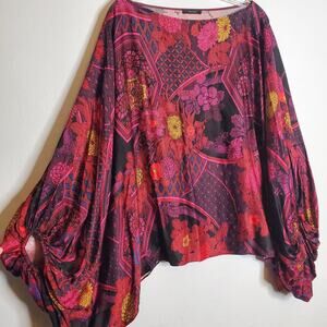 Natori Artsy Floral Statement Blouse L/XL Bold Print Balloon Sleeve Top Dramatic